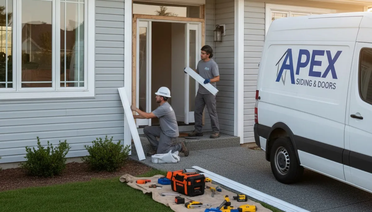 Technician repairing residential door frame beside vinyl siding in Columbus, OH home exterior