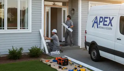 Technician repairing residential door frame beside vinyl siding in Columbus, OH home exterior