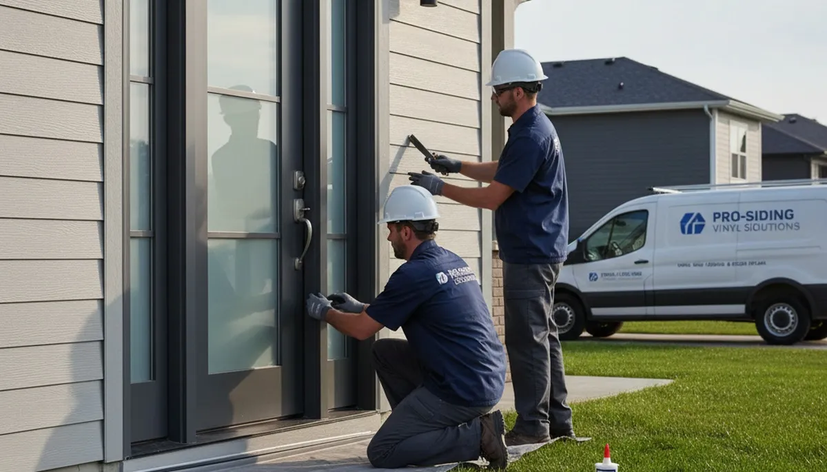 Technician repairing damaged exterior door and vinyl siding in Columbus, OH home exterior