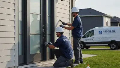 Technician repairing damaged exterior door and vinyl siding in Columbus, OH home exterior