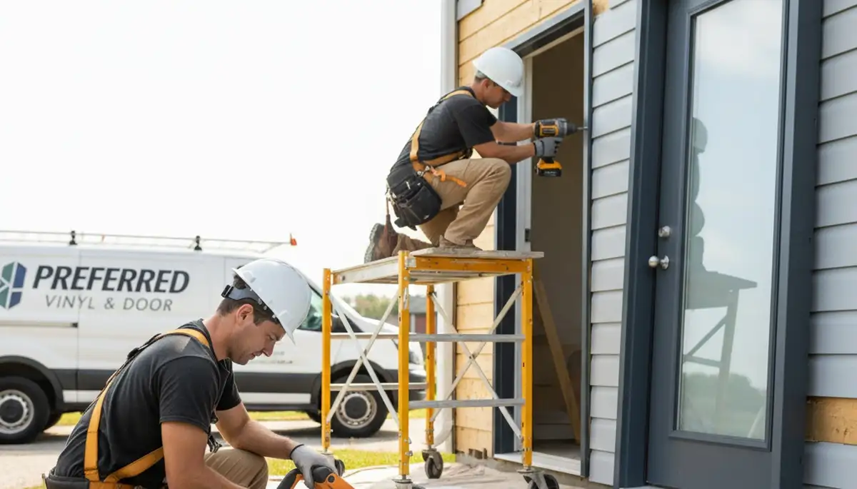 Technician performing door repair on home with vinyl siding in Columbus, OH
