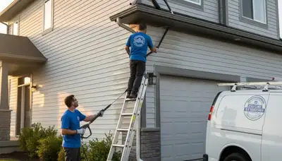 Technician cleaning residential gutters in Columbus, OH for Next Level Exteriors vinyl siding services