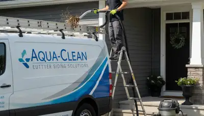 Technician cleaning home gutters with vinyl siding in Columbus, OH for Next Level Exteriors