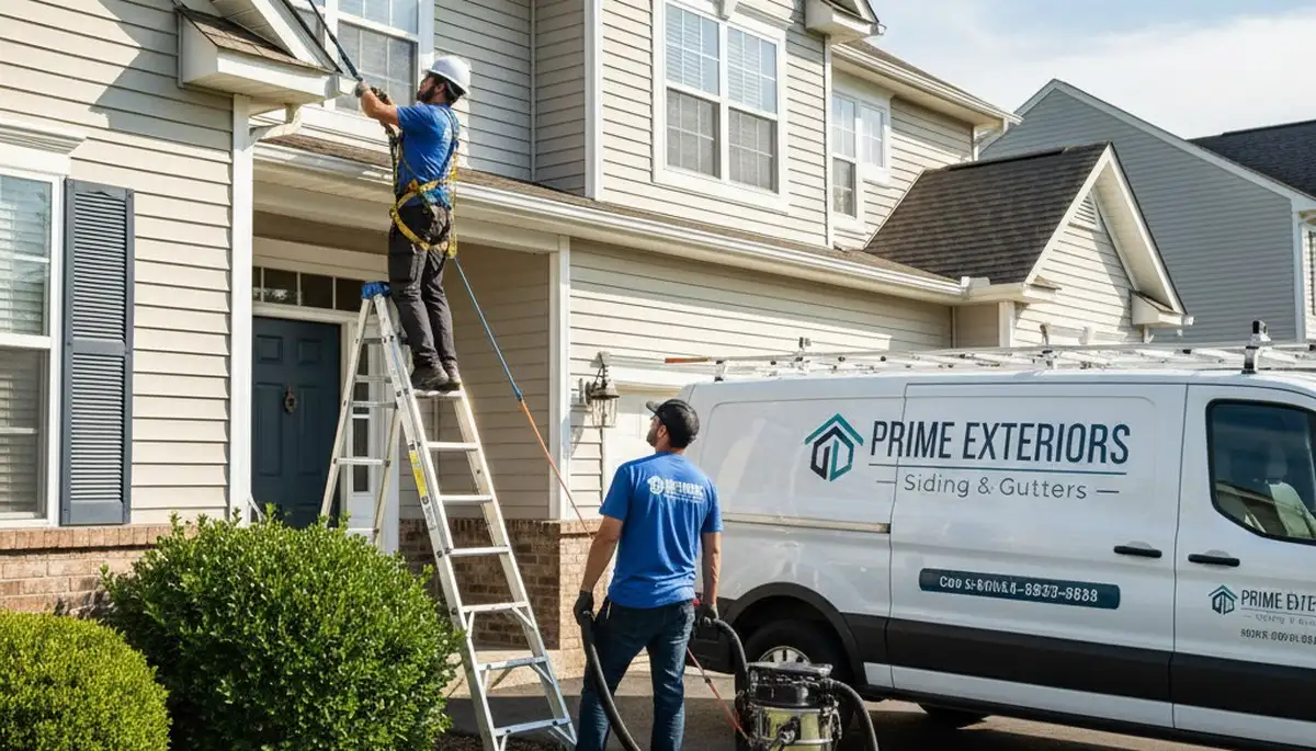 Technician cleaning residential gutters with safety gear in Columbus, OH by Next Level Exteriors