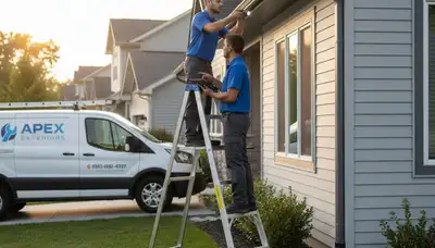 Technician performing gutter inspection on vinyl siding home in Columbus, OH