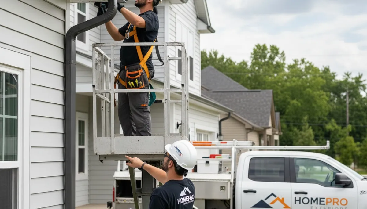 Technician repairing vinyl siding and gutters on Columbus OH home exterior