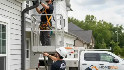 Technician repairing vinyl siding and gutters on Columbus OH home exterior
