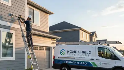 Technician repairing residential gutters on vinyl siding home in Columbus, Ohio