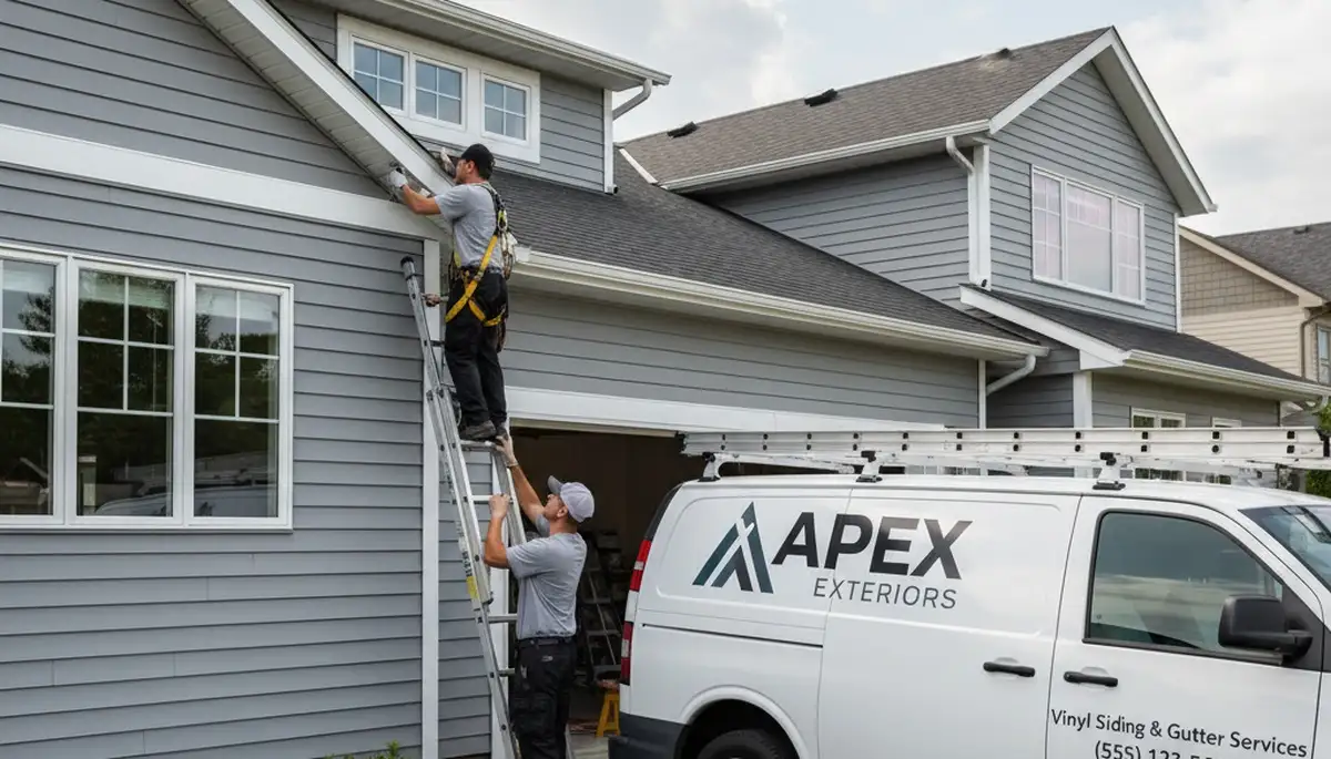 Technician repairing home gutters and vinyl siding in Columbus, Ohio for Next Level Exteriors