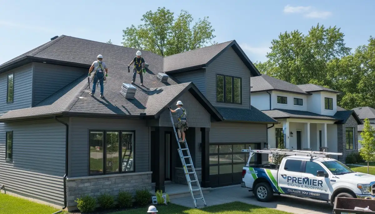 Vinyl siding and roof repair experts working on Columbus OH home exterior upgrade