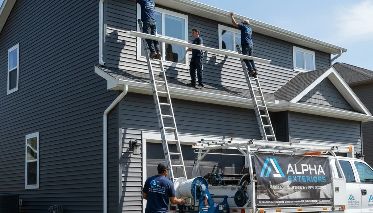 Seamless aluminum gutters installation on vinyl siding home in Columbus, OH by Next Level Exteriors