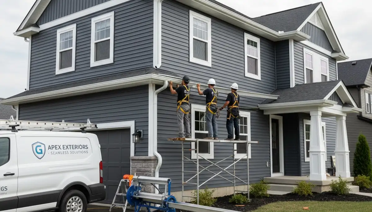 Seamless gutter installation on vinyl siding home in Columbus, OH by Next Level Exteriors