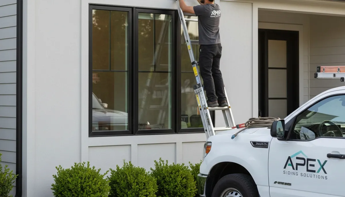 Technician repairing gray vinyl siding on Columbus OH home exterior after storm damage