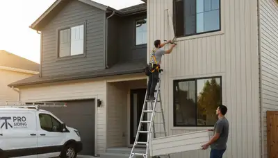 Technician repairing damaged vinyl siding on Columbus OH home exterior