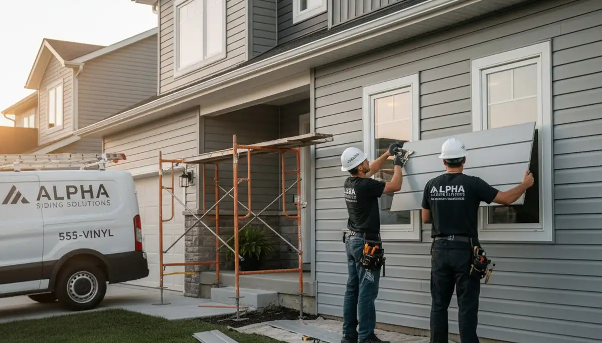 Technician repairing damaged vinyl siding on home exterior in Columbus, OH