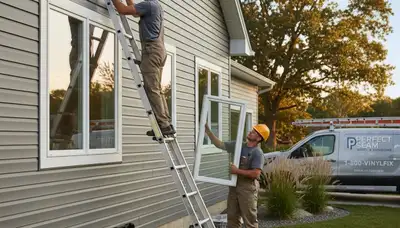 Technician repairing residential window frame with vinyl siding in Columbus, OH