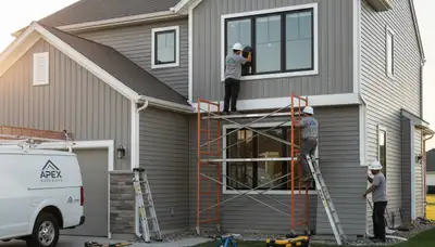 Vinyl siding installation crew at a Columbus, OH home with window replacement work in progress